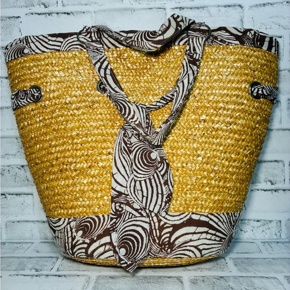 Stylish Yellow Straw with Brown and White Ribbon Accents Tote/Beach Bag - Picture 5 of 9